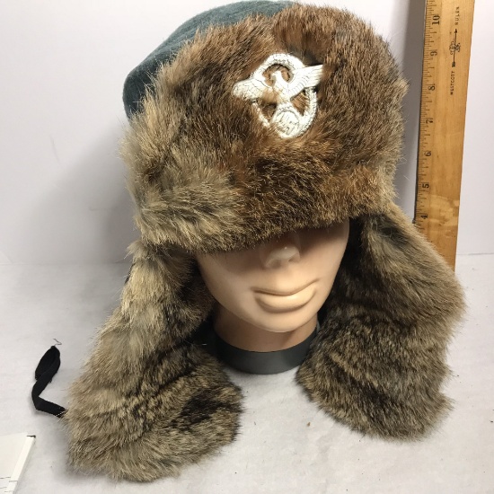 RARE ORIGINAL - WWII German Fur Lined Nazi Police Fur Cap Ushanka - Spoils of War