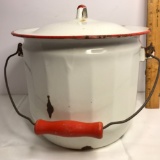 Vintage White w/Red Enamel Lidded Slop Jar