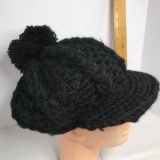 Vintage Black Crocheted Hat w/Visor & Pom Pom