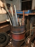 Large Barrel Full of Metal Pipes, Surveying Sticks, Angle Iron, Threaded Rods & More