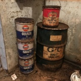 Barrel of Grease (½ full). Esso Gear Oil (½ full). Gulf All Purpose Grease(½ full).