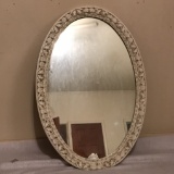 Vintage Oval Mirror w/White Carved Frame