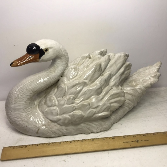 Large Majestic Glazed Pottery Swan Statue