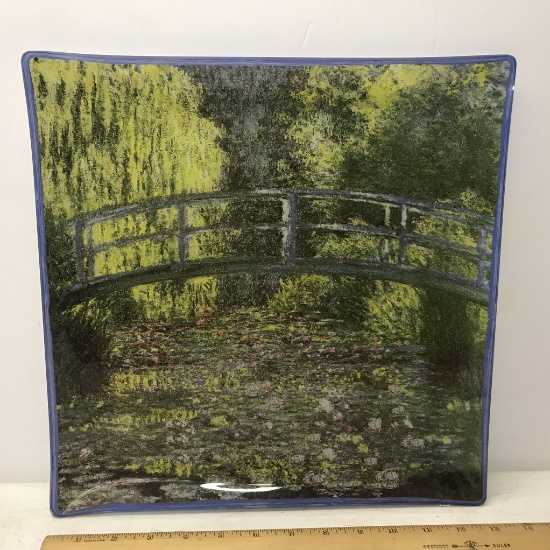 Square Glass Platter with Bridge Scene Signed on Back - Made in Portugal