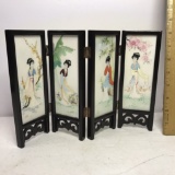 Miniature Hand Painted 4 Panel Folding Divider with Geisha Girls, Birds & Flowers