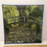 Square Glass Platter with Bridge Scene Signed on Back - Made in Portugal