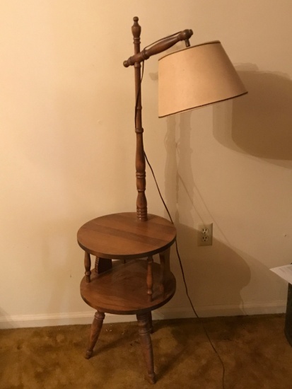 Mid-Century Modern Maple Telephone 2-Tier End Table with Lamp