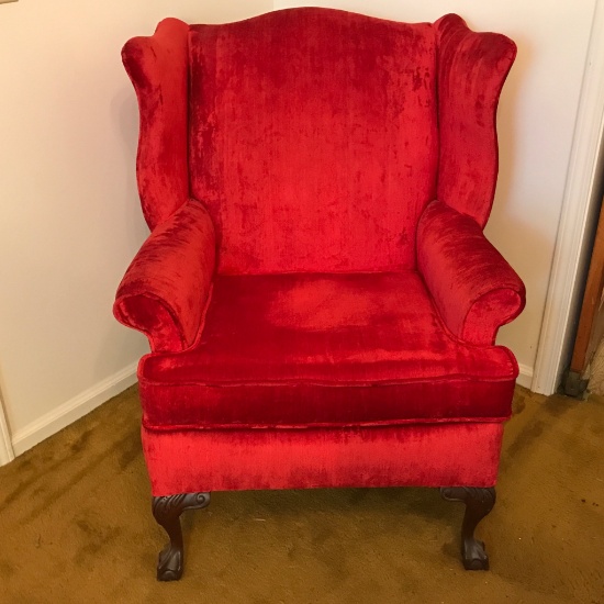 Vintage Red Upholstered Wing Back Chair w/Carved Ball & Claw Feet