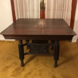 Antique Square Wooden Table w/Hand Carved Accent on Casters