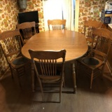 Set of 6 Spindle Pressed Back Chairs with Leather Seats and Mid-Century Modern Dining Table