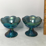 Pair of Vintage Blue Carnival Glass Candlestick Holders