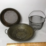 Lot of 3 Antique Kitchen Items - Colander - Sifter & Basket