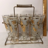 Gorgeous Set of 8 Mid-Century Frosted Gold Leaf Pilsner Glasses with Caddy
