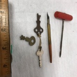 Lot of Antique Keys, Fountain Pen, & Tool