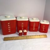 Mid-Century Red & White Plastic Canister Set w/Salt & Pepper Shakers