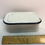 Vintage White w/Blue Enamelware Rectangular Dish