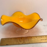 Vintage Wavy Edge Yellow Art Glass Pedestal Bowl