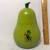 Mid-Century Modern Aluminum Green Pear Canister w/Jiminy Cricket Sticker