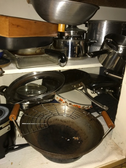 Cabinet Lot of Misc Pots & Pans and Kitchen Items