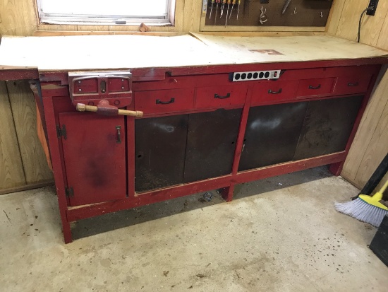 Large Wooden Workbench w/Cabinets and w/ Attached Craftsman Vice