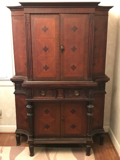 Vintage Ornately Carved Tall Wooden Server Cabinet w/Key