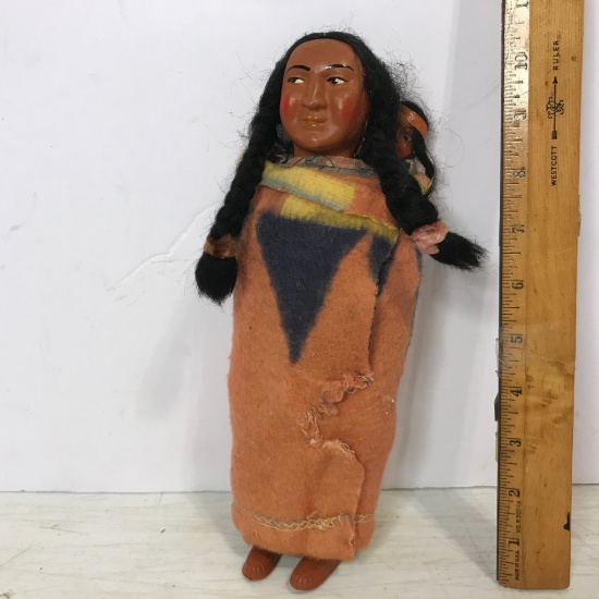 Vintage Celluloid Squaw & Papoose Doll by Skookum Bully Good Indian Doll