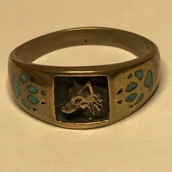 Sterling Silver Wolf Ring w/Turquoise Inlay Paw Prints