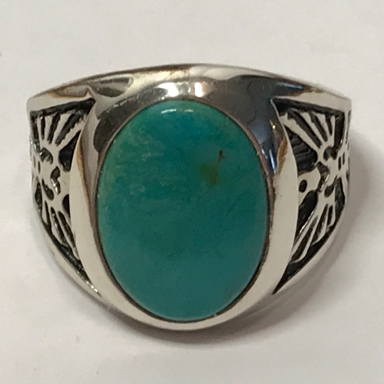 Chunky Sterling Silver Men's Ring w/Large Turquoise Colored Stone & Carved Eagle Sides