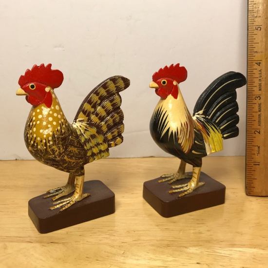 Pair of Hand Painted Carved Wood Rooster Figurines