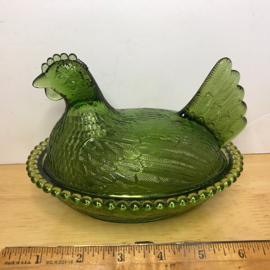 Vintage Green Glass Hen on a Nest