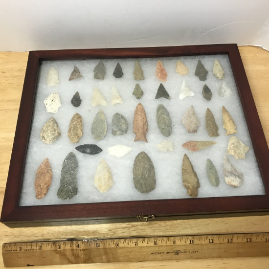 Lot of Old Dug Arrowheads in Wooden & Glass Case