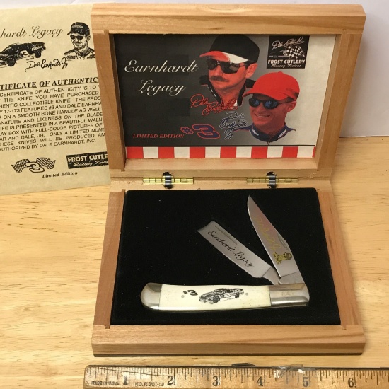 Limited Edition Earnhardt Legacy Dale Earnhardt & Dale Earnhardt Jr. Pocket Knife w/Wood Case & COA