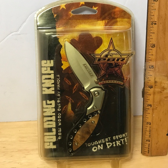 Professional Bull Riders Authentic Folding Knife w/Rosewood Over Lay Handle