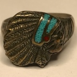 Sterling Silver Indian Head Ring w/Turquoise & Coral Inlay