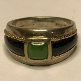 Silver Silver Ring w/14K Gold Roping & Green and Black Stones