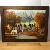 Awesome Framed Original Indian Village Scene Oil Painting by Brenda Raymond 