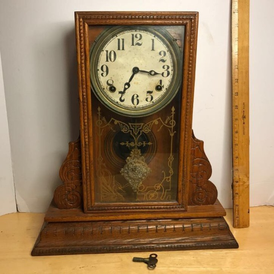 Antique Waterbury Clock Co. Amherst Pressed Oak Mantle Clock with Key