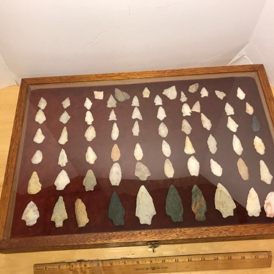Glass & Wood Case Full of Native American Arrow Heads
