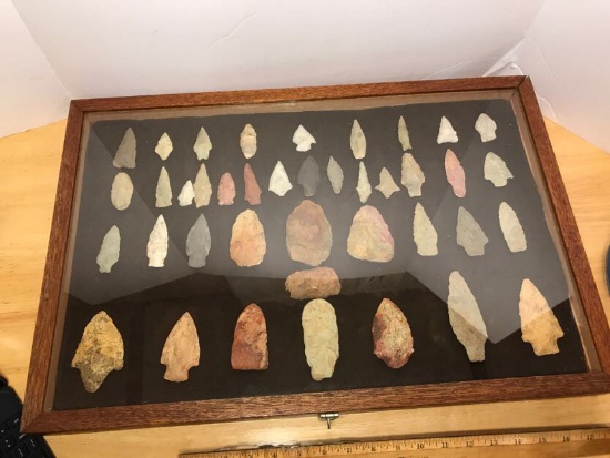 Glass & Wood Case Full of Native American Arrow & Spear Heads