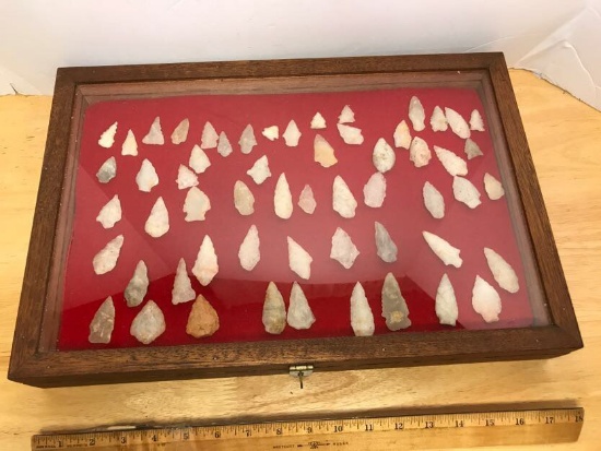 Glass & Wood Case Full of Native American Arrow Heads