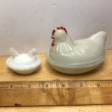 Pair of Miniature Milk Glass Hens On a Nest