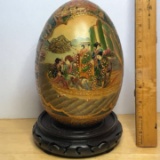 Beautiful Oriental Satsuma Porcelain Egg on Wood Base