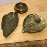 Pair of Solid Brass Leaf Dishes & Brass Flower Frog
