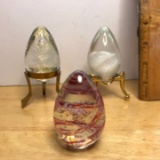 Lot of 3 Art Glass Eggs Signed “GES” with 2 Stands
