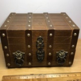 Vintage Men’s Treasure Chest Jewelry Box with Lion Heads & Red Velvet Lining