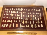 Large Glass & Wood Case Full of Native American Arrow Heads