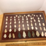 Glass & Wood Case Full of Native American Arrow Heads