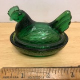 Small Vintage Green Glass Hen on a Nest