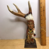 Molded Resin Indian Figurine Carved into Antler