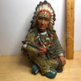 Large Molded Resin Statue of Native American Smoking Peace Pipe